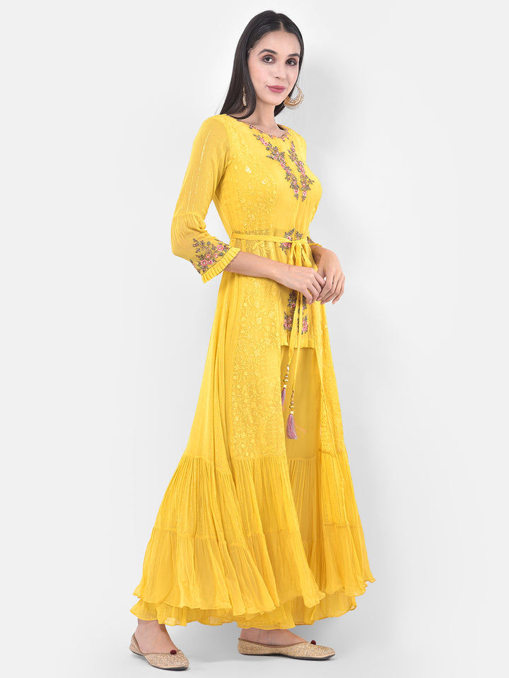 Neerus Yellow Embroidered Top & Sharara Set With Jacket