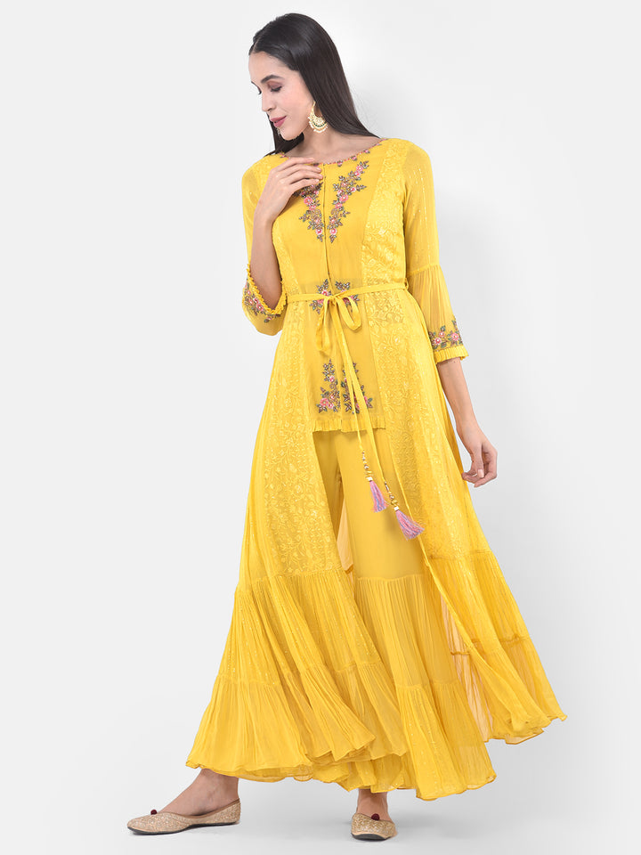 Neerus Yellow Embroidered Top & Sharara Set With Jacket