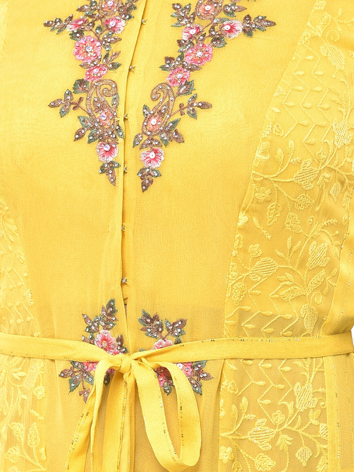 Neerus Yellow Embroidered Top & Sharara Set With Jacket