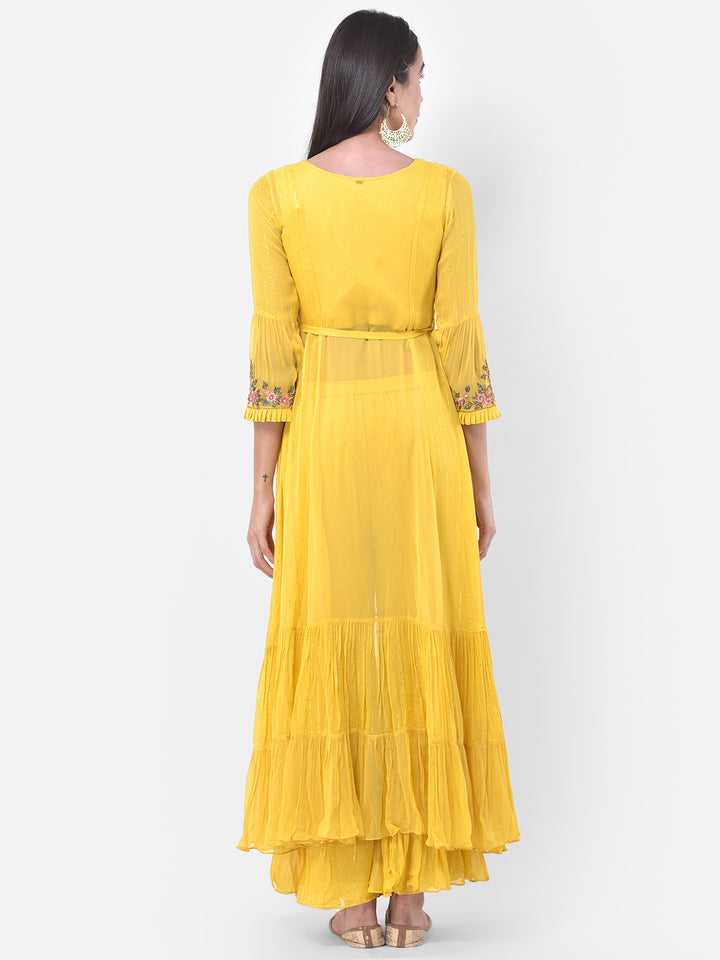 Neerus Yellow Embroidered Top & Sharara Set With Jacket