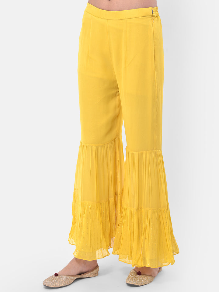 Neerus Yellow Embroidered Top & Sharara Set With Jacket