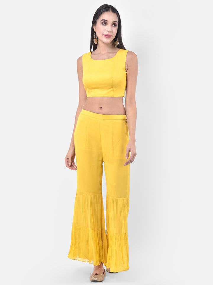 Neerus Yellow Embroidered Top & Sharara Set With Jacket