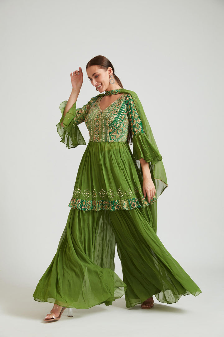 Neerus Green Georgette Printed Kurta Set - front view