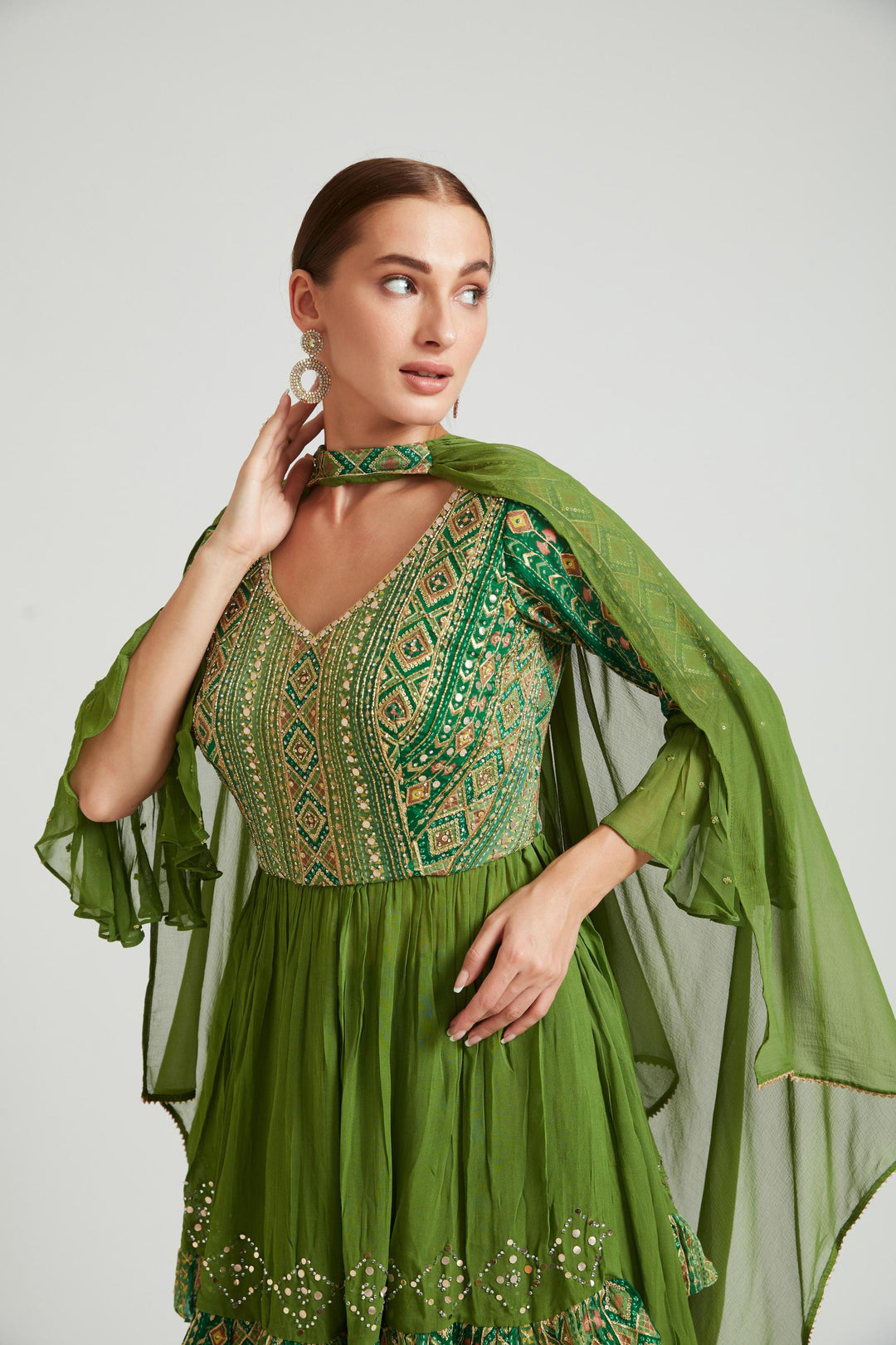 Neerus Green Georgette Printed Kurta Set - back view