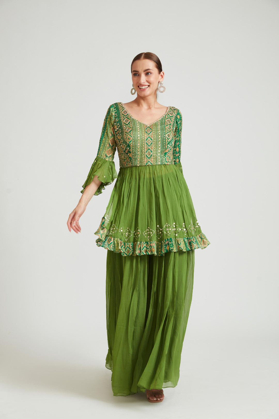 Neerus Green Georgette Printed Kurta Set - detail view 1