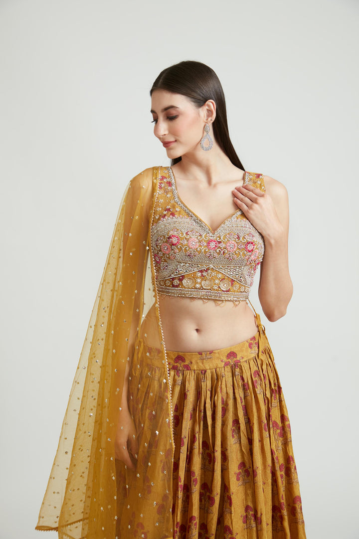 Neerus Green Color Georgette Fabric Lehenga Choli Set