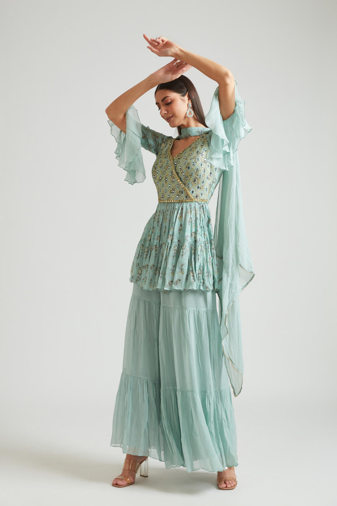 Neerus Green Georgette Kurta Set by Neerus - front view