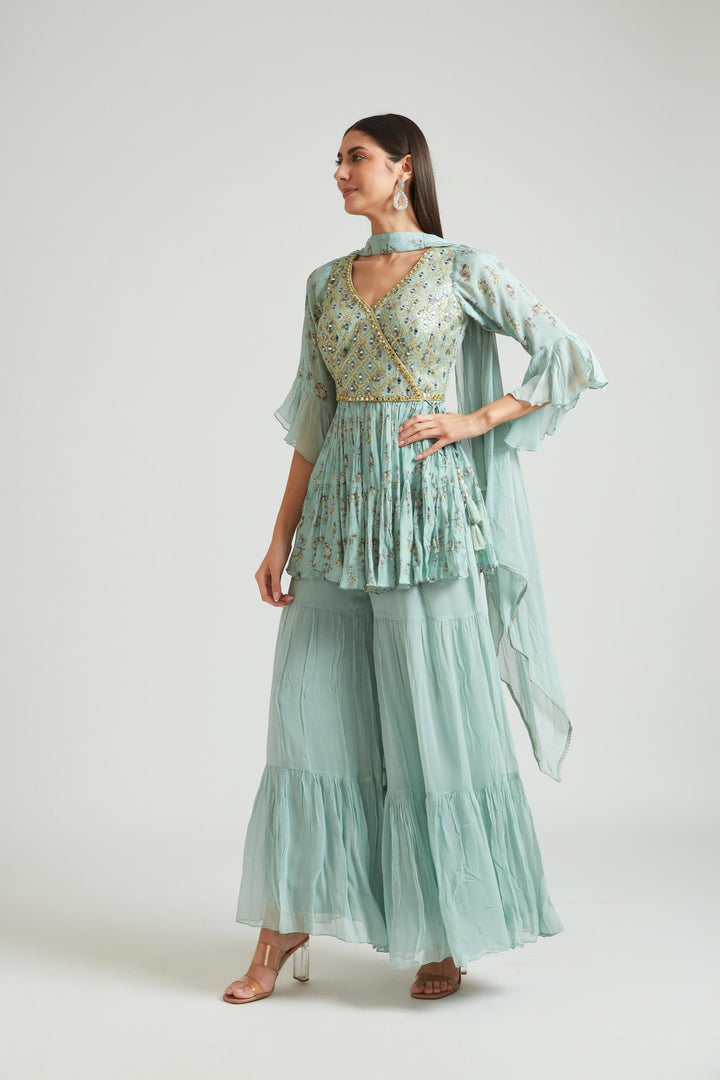 Neerus Green Georgette Kurta Set by Neerus - back view
