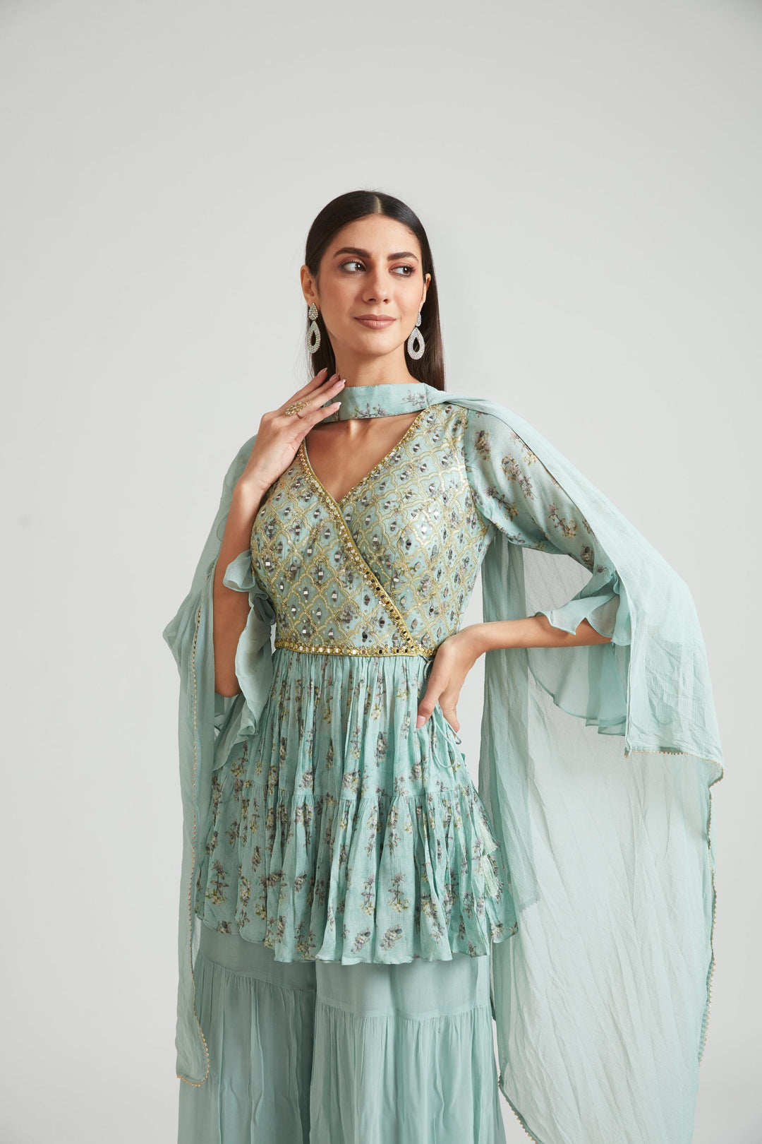 Neerus Green Georgette Kurta Set by Neerus - detail view 5