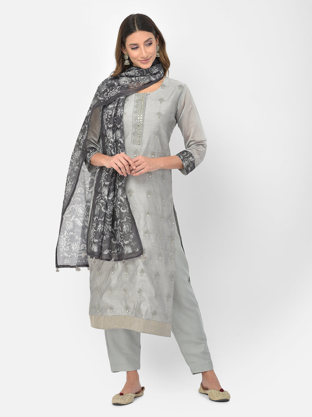 Neerus Grey Color Chanderi Fabric Salwar Kameez