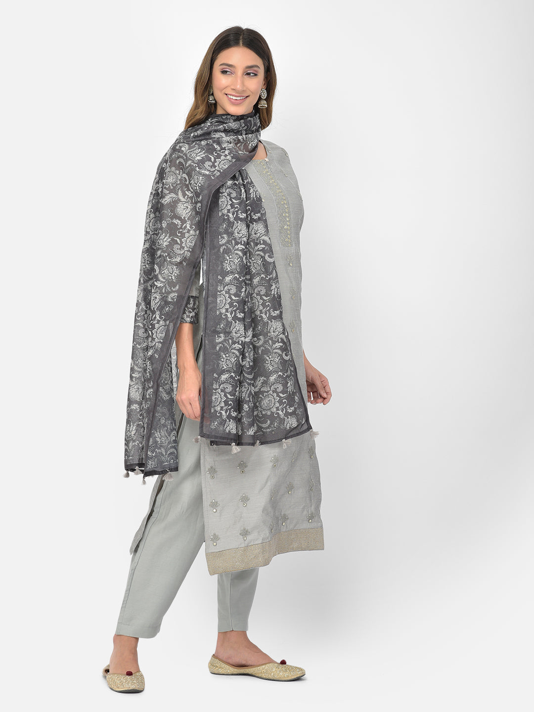 Neerus Grey Color Chanderi Fabric Salwar Kameez