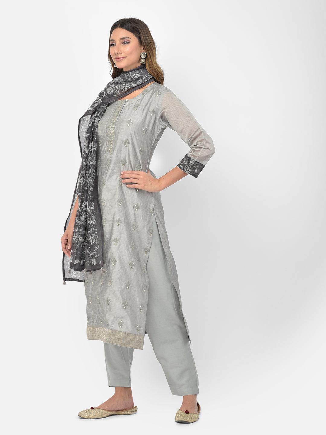 Neerus Grey Color Chanderi Fabric Salwar Kameez