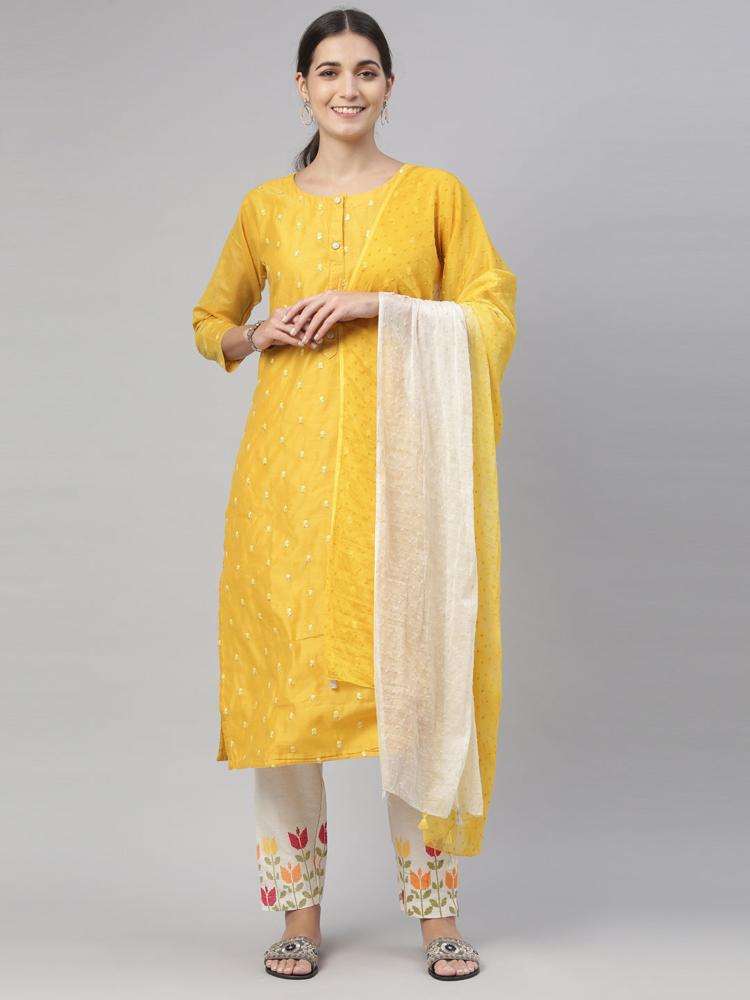 Neerus Mustard Color Chanderi Fabric Kurta Set