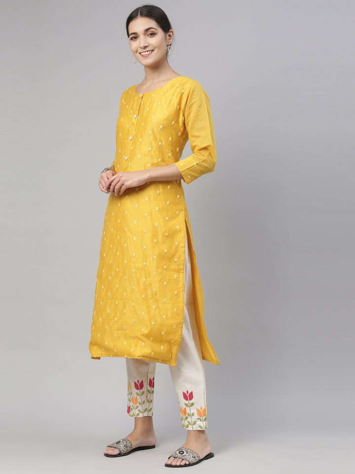 Neerus Mustard Color Chanderi Fabric Kurta Set