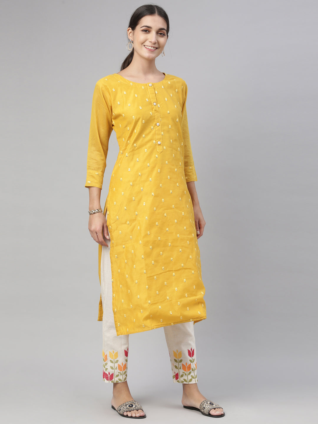 Neerus Mustard Color Chanderi Fabric Kurta Set