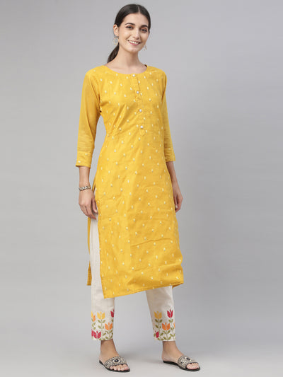 Neeru's Mustard Color Chanderi Fabric Kurta Set