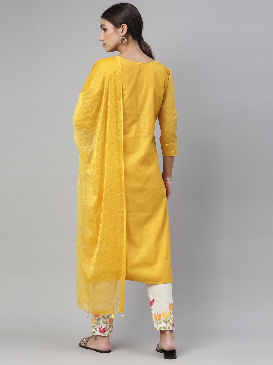 Neerus Mustard Color Chanderi Fabric Kurta Set