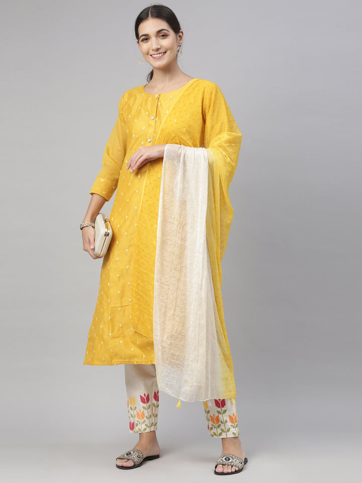 Neerus Mustard Color Chanderi Fabric Kurta Set