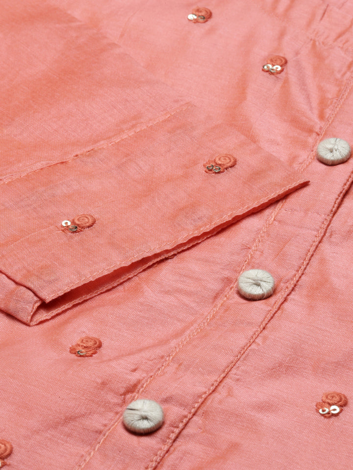 Neerus Red Chanderi printed kurta set - detail view 4
