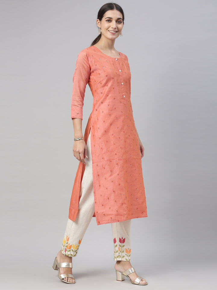 Neerus Red Chanderi printed kurta set - side view