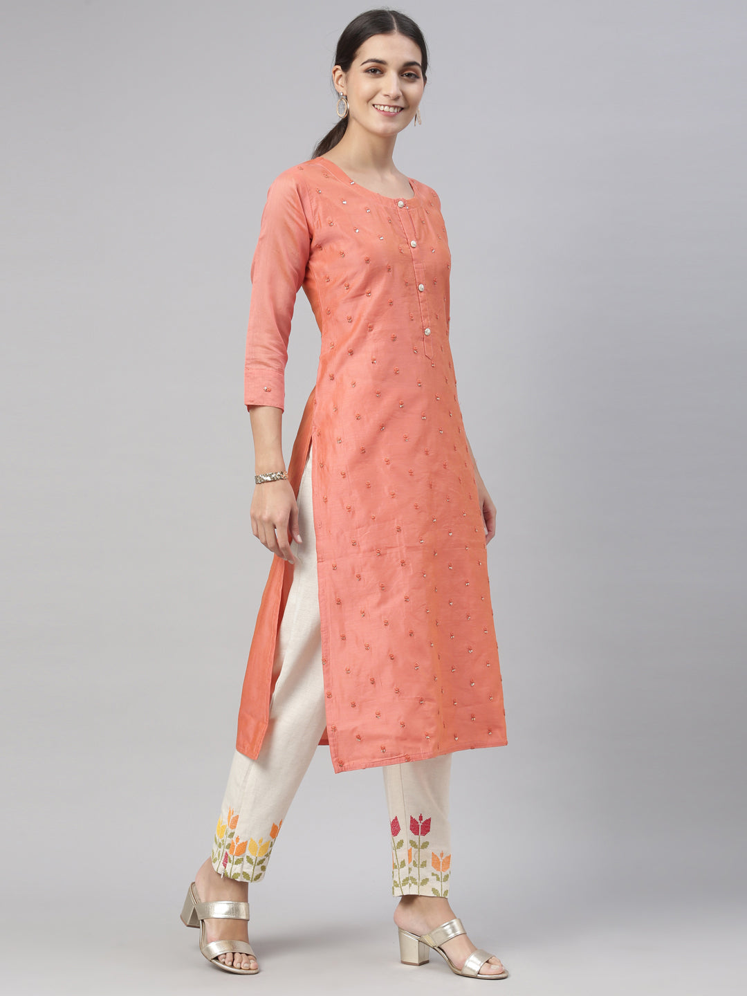 Neeru's Tomato Color Chanderi Fabric Kurta Set