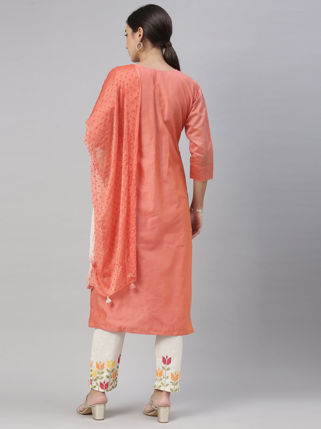 Neeru'S tomato color, chanderi fabric kurta set