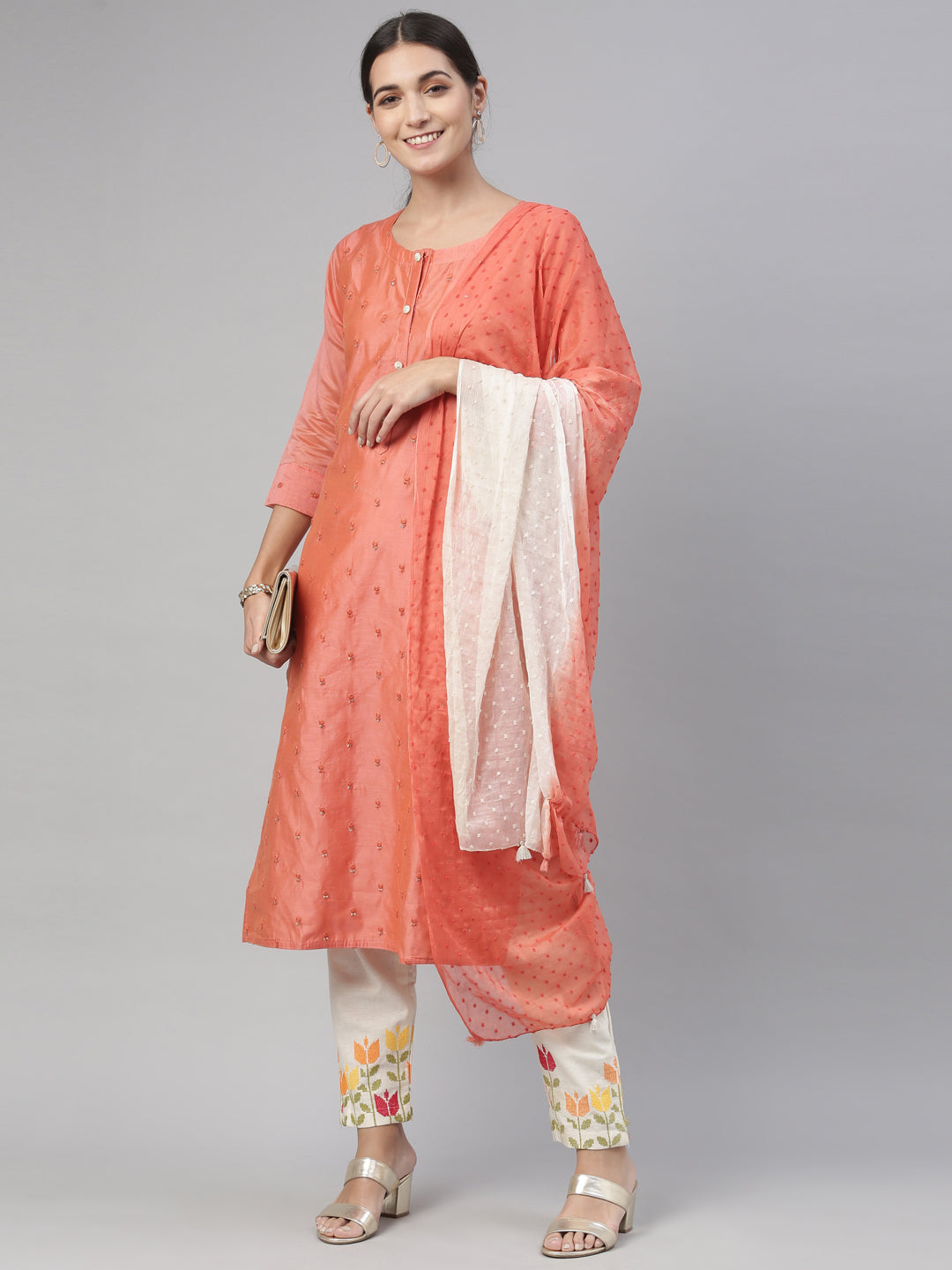 Neeru's Tomato Color Chanderi Fabric Kurta Set