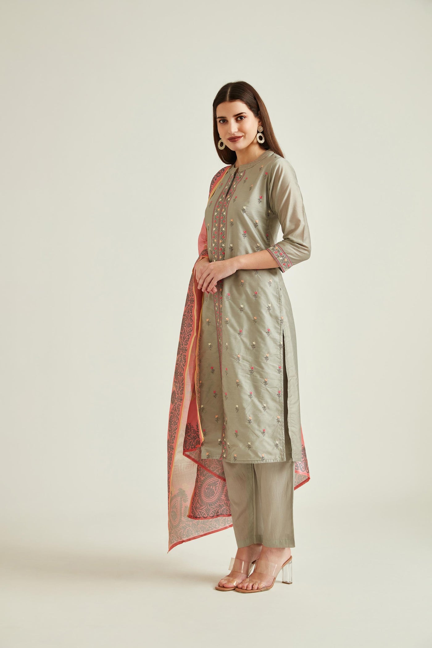Neeru'S GREY Colour CHANDERI Fabric SUIT