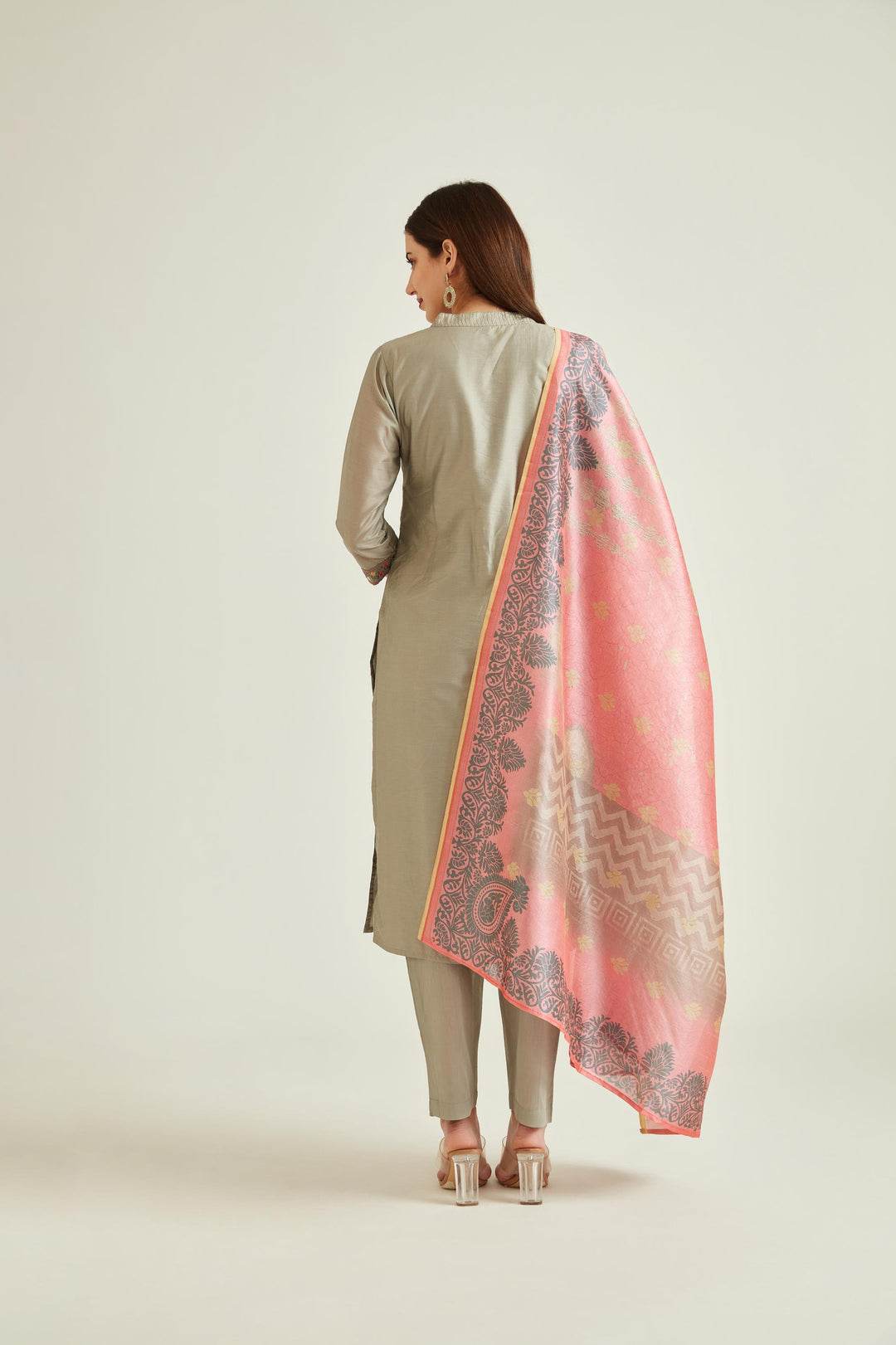 Neerus Grey Chanderi embroidered kurta set - back view