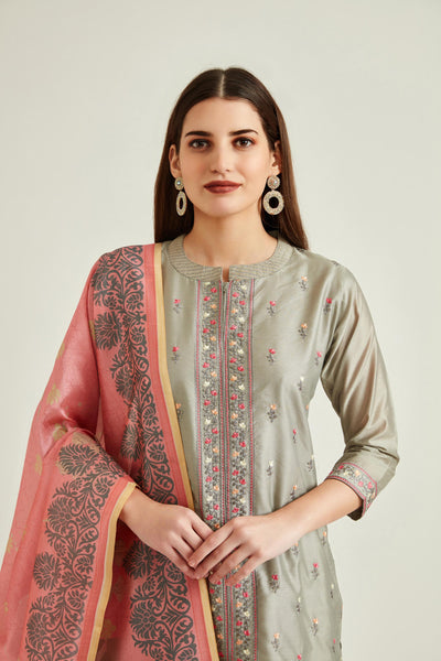 Neeru'S GREY Colour CHANDERI Fabric SUIT
