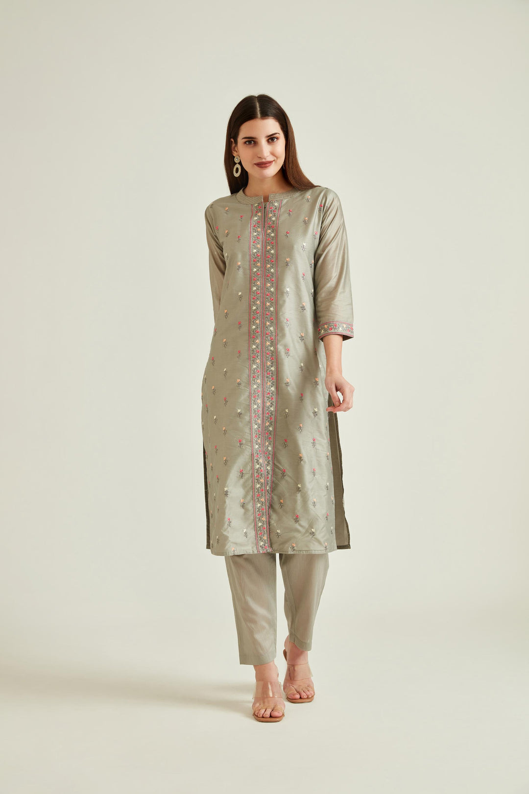 Neerus Grey Chanderi embroidered kurta set - detail view 1