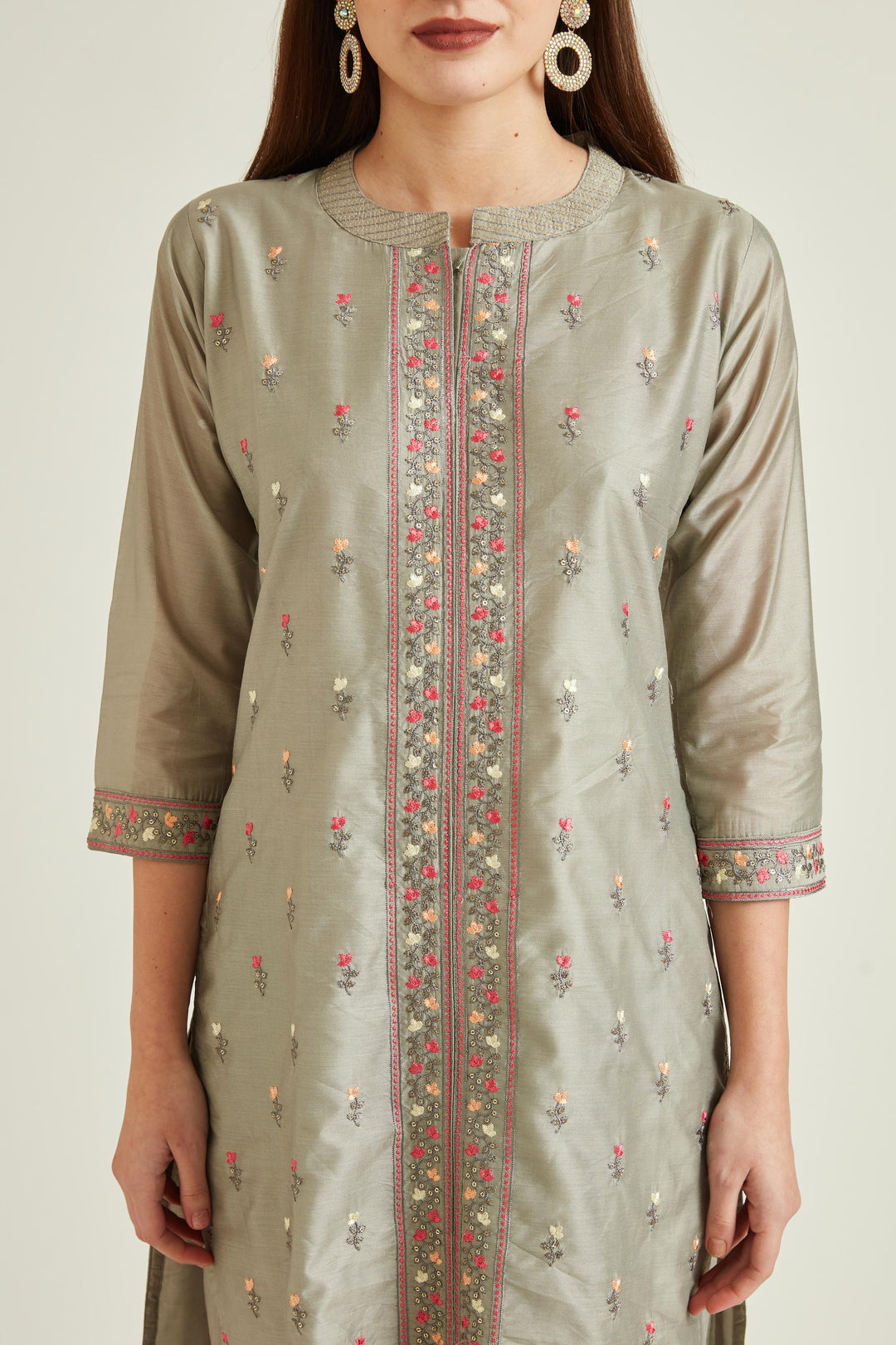 Neerus Grey Chanderi embroidered kurta set - detail view 2