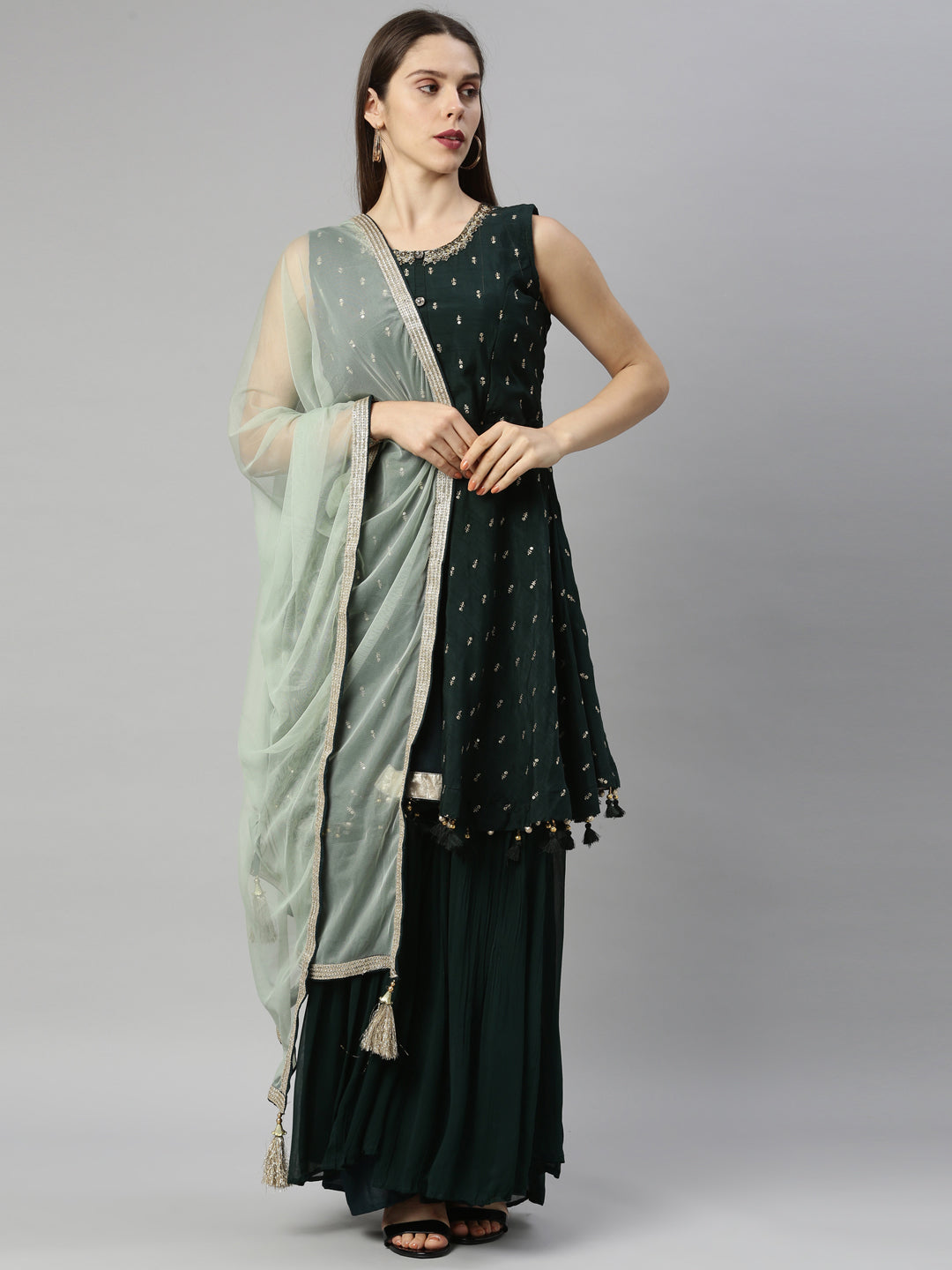 Neerus Bottle Green Color Silk Fabric Suit-Short Anarkali