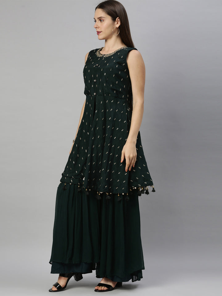 Neerus Bottle Green Color Silk Fabric Suit-Short Anarkali