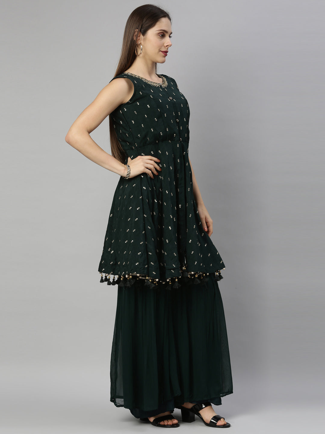 Neerus Bottle Green Color Silk Fabric Suit-Short Anarkali