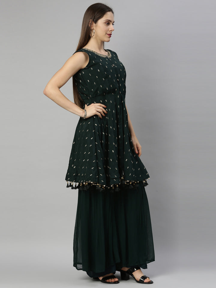 Neerus Bottle Green Color Silk Fabric Suit-Short Anarkali