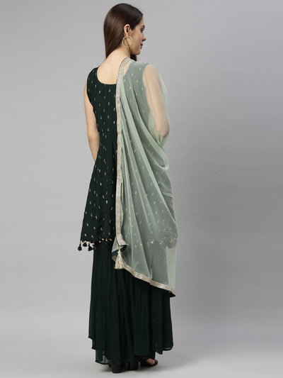 Neeru's Bottle Green Color Silk Fabric Suit-Short Anarkali