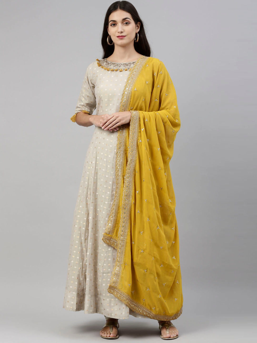 Neerus Grey Chanderi Anarkali suit set - front view