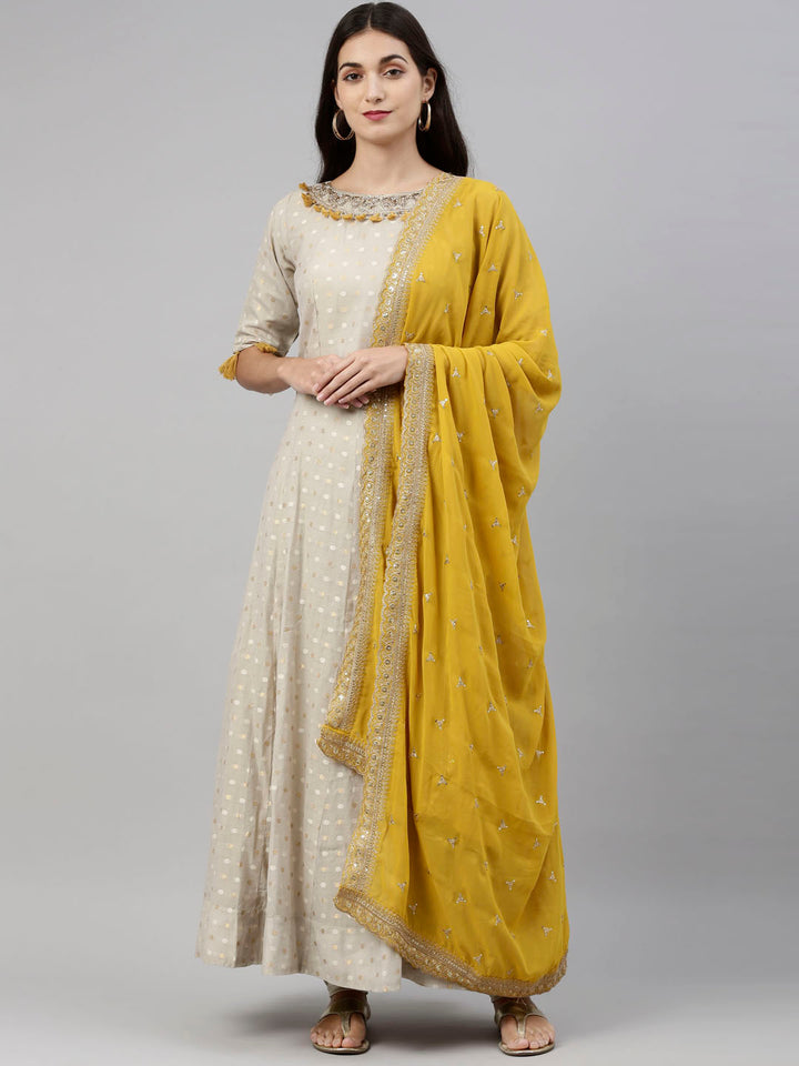 Neerus Grey Chanderi Anarkali suit set - front view