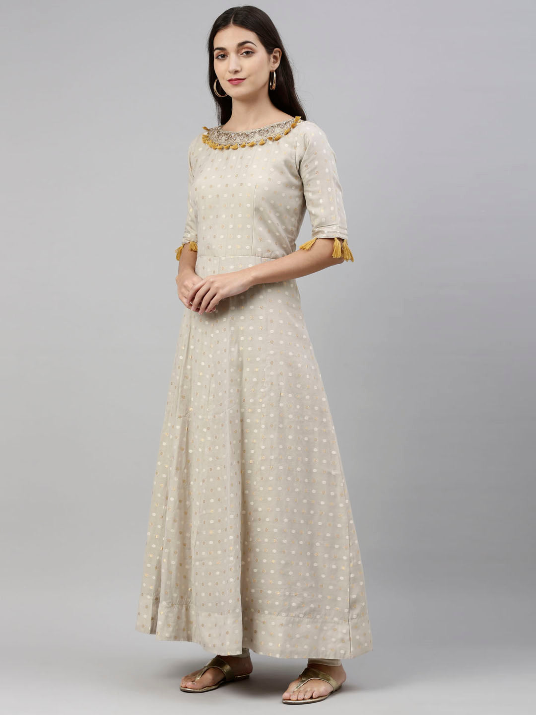 Neerus Grey Chanderi Anarkali suit set - detail view 3