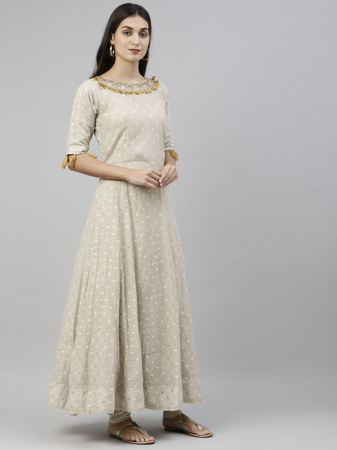 Neerus Grey Chanderi Anarkali suit set - detail view 4