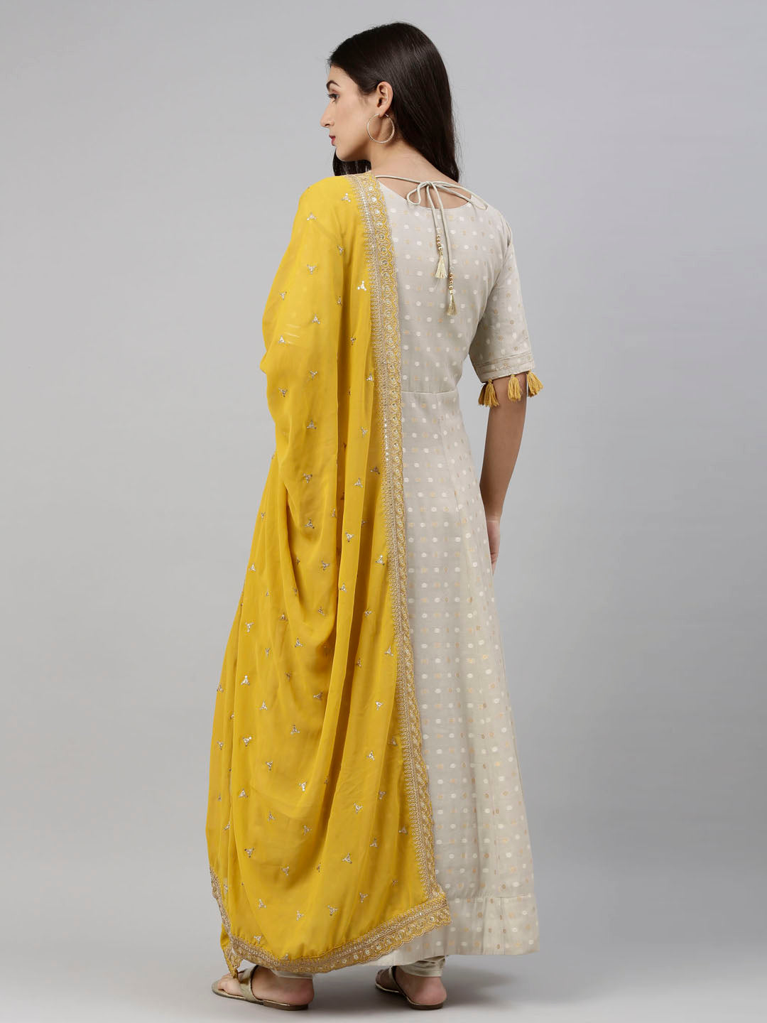 Neerus Grey Chanderi Anarkali suit set - detail view 5