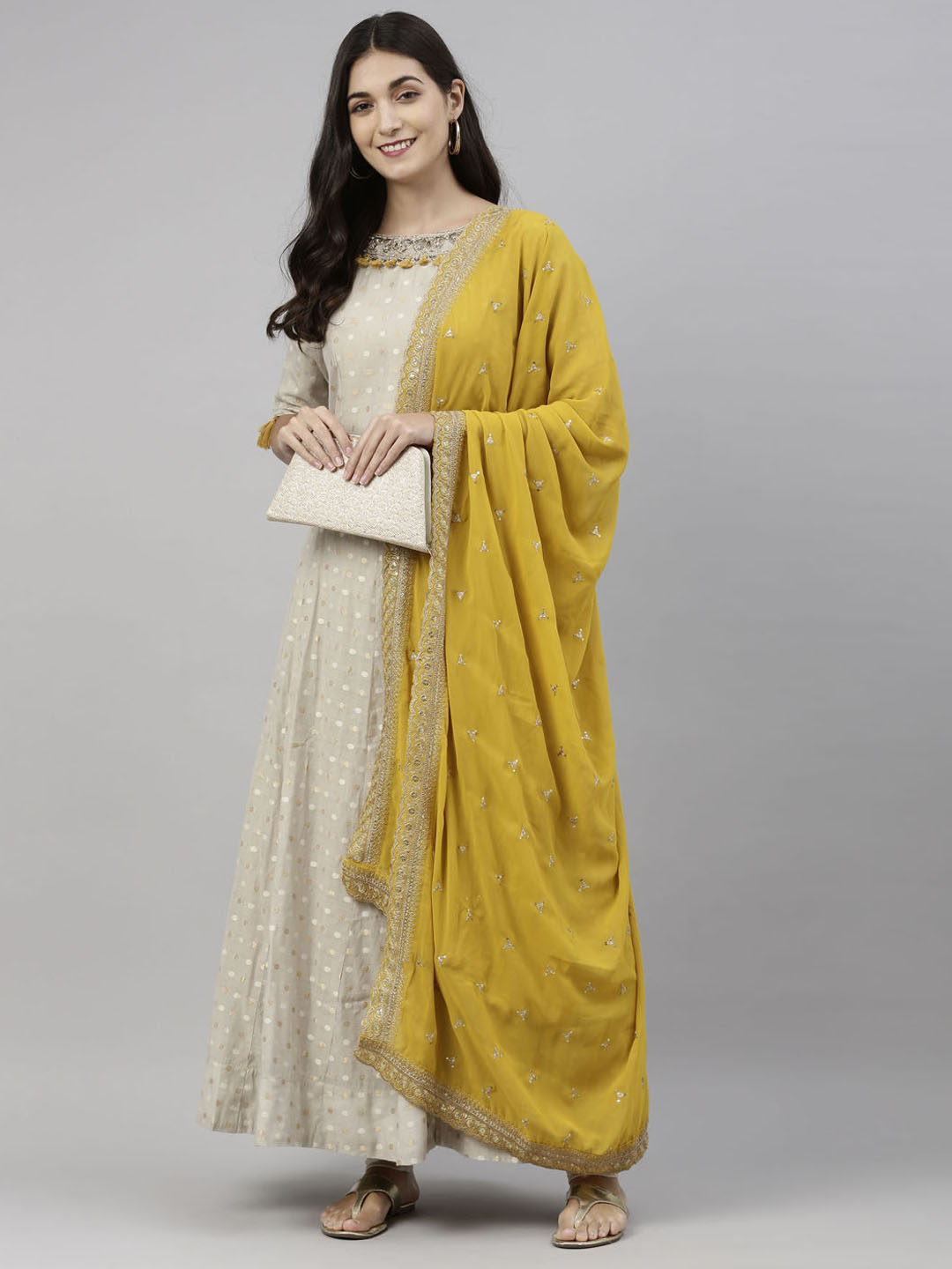 Neerus Grey Chanderi Anarkali suit set - detail view 6