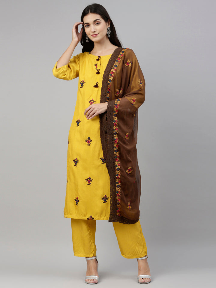 Neerus Yellow Color Silk Fabric Suit-Pant