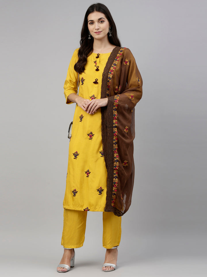 Neerus Yellow Color Silk Fabric Suit-Pant