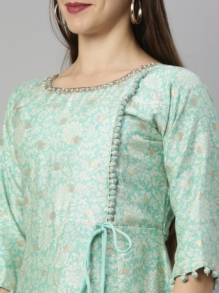 Neerus Green Chanderi Embroidered Anarkali Suit Set - detail view 2