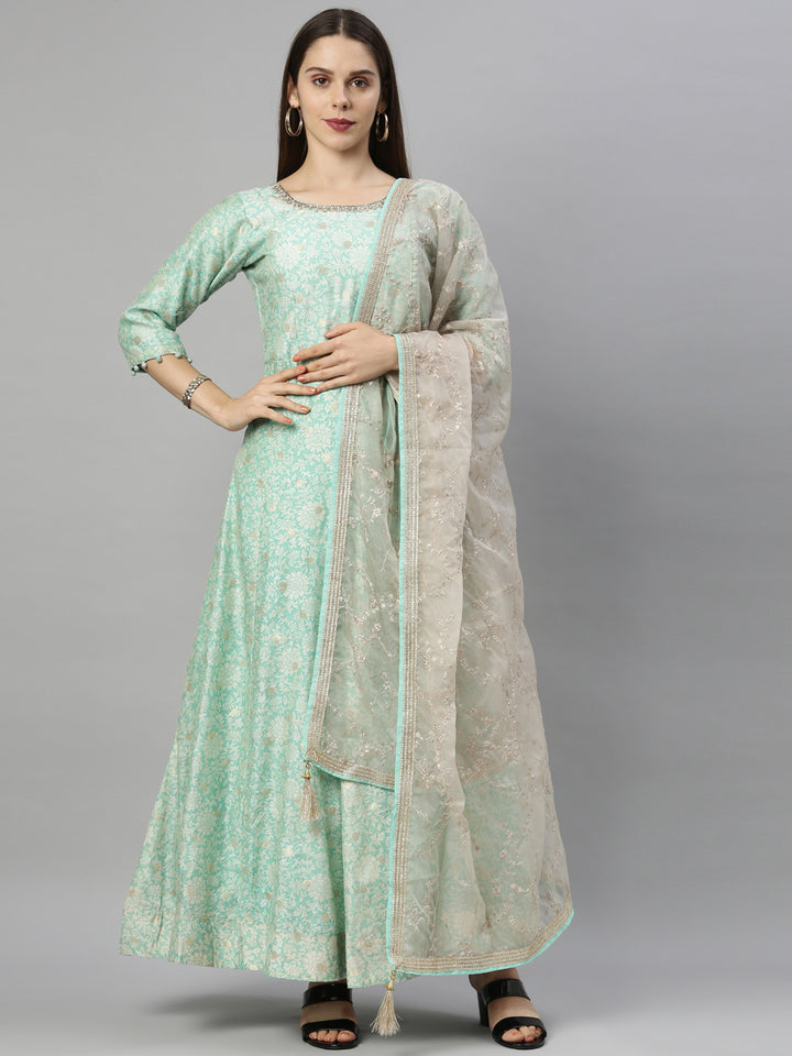 Neerus Green Chanderi Embroidered Anarkali Suit Set - detail view 9
