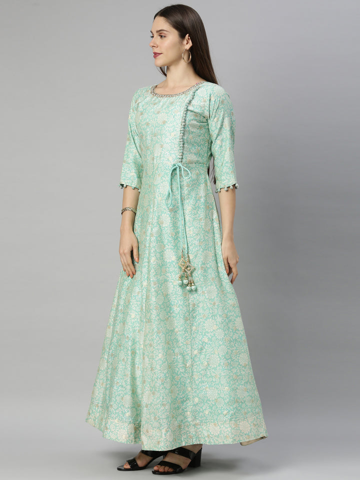 Neerus Green Chanderi Embroidered Anarkali Suit Set - side view