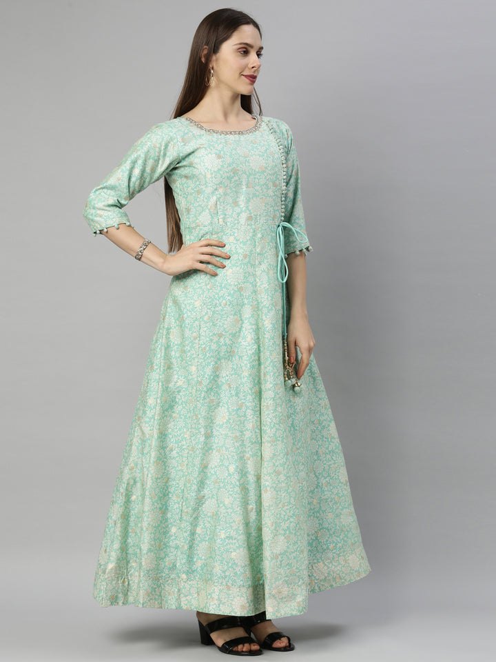 Neerus Green Chanderi Embroidered Anarkali Suit Set - back view