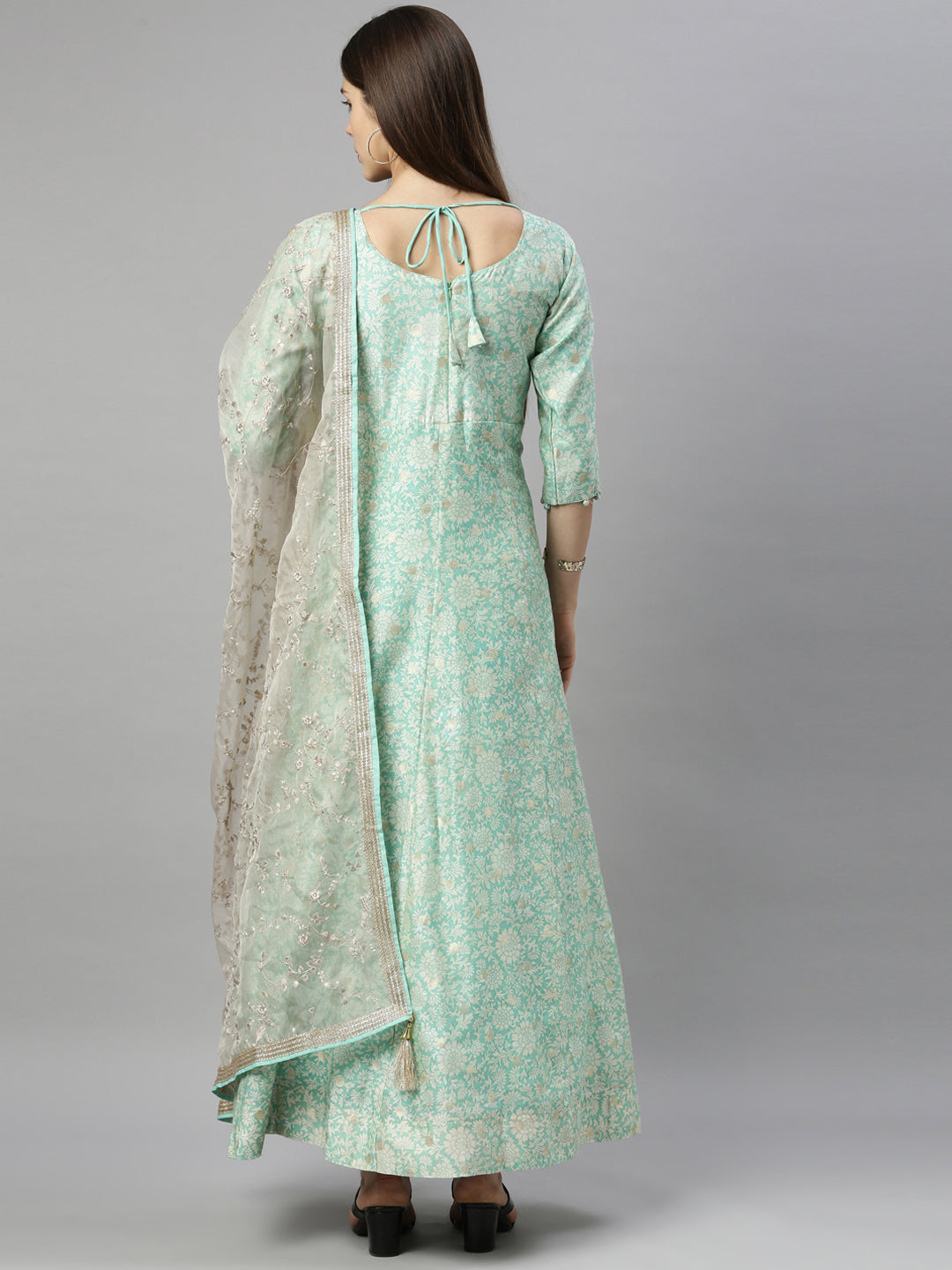 Neerus Green Chanderi Embroidered Anarkali Suit Set - detail view 1
